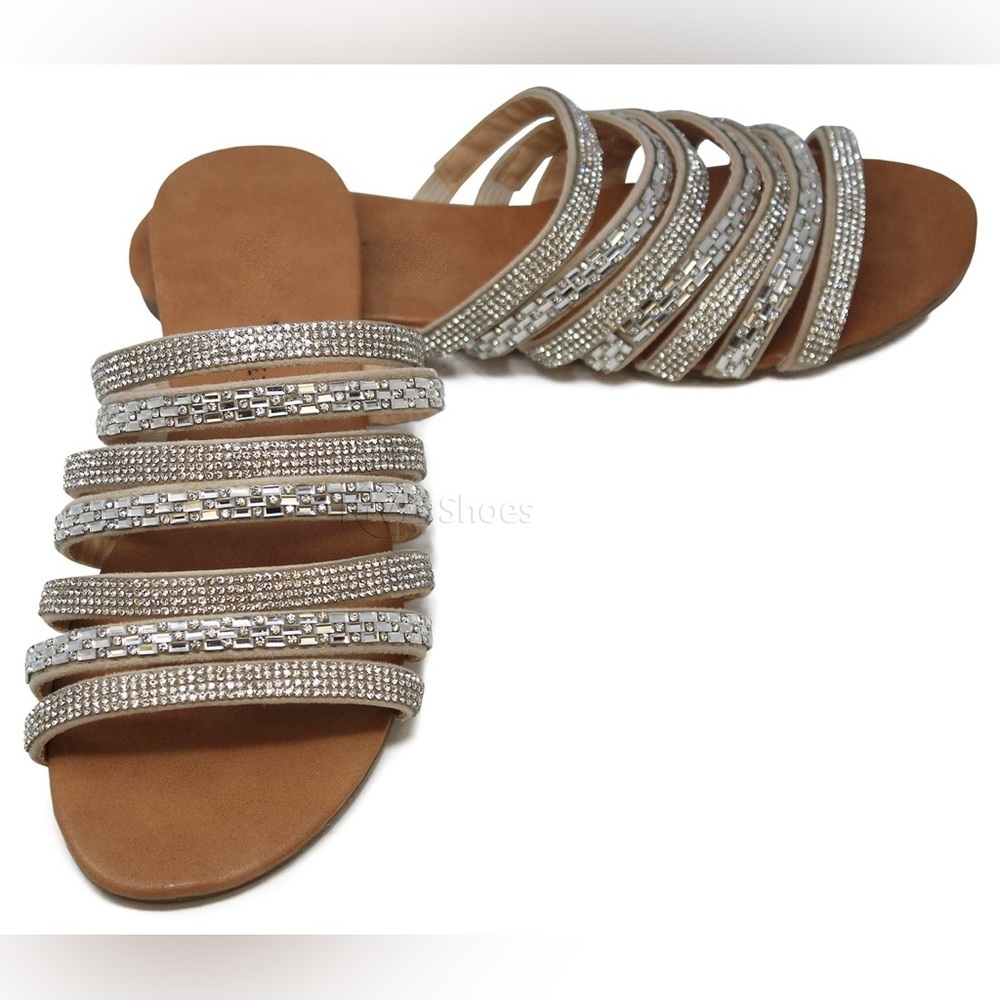 NATURE BREEZE Adrian Crystal Strappy Flat Slide Sandals Crystal Silver Size 9